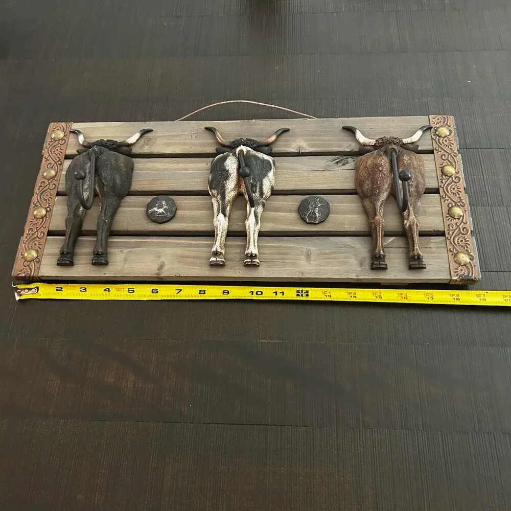 Rustic Western Cow Butt Coat Wall Hooks Rack With Wooden Plaque